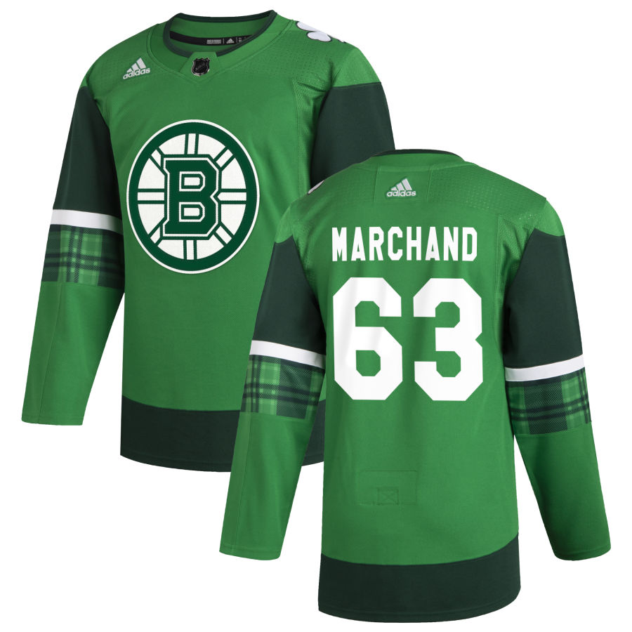 Boston Bruins #63 Brad Marchand Men Adidas 2020 St. Patrick Day Stitched NHL Jersey Green